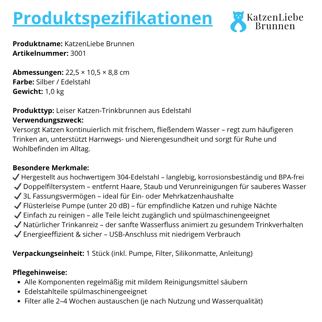 KatzenLiebe Brunnen – leiser Edelstahl-Trinkbrunnen für gesunde & glückliche Katzen