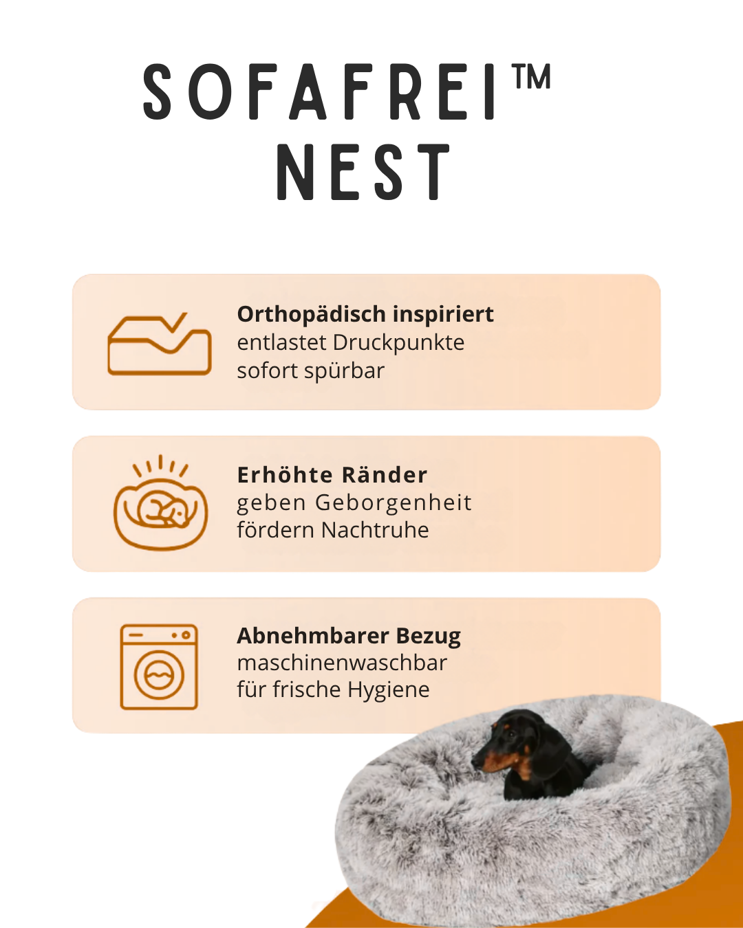 SofaFrei™ Nest – das Donutbett, das Ihr kleiner bis mittelgroßer Hund von selbst wählt.