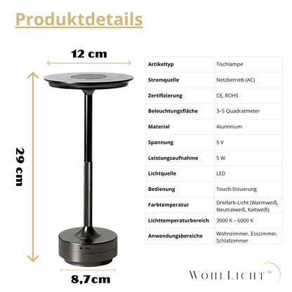 WohlLicht™ – Zeitlose kabellose Tischlampe mit Touch-Funktion