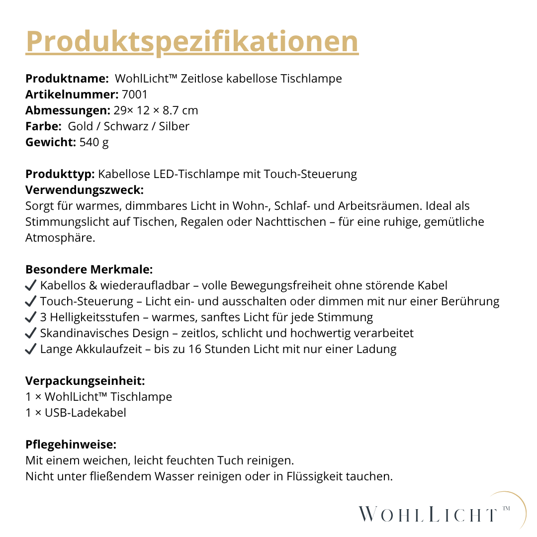 WohlLicht™ – Zeitlose kabellose Tischlampe mit Touch-Funktion