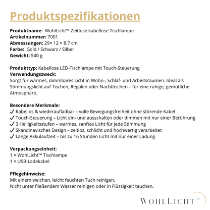 WohlLicht™ – Zeitlose kabellose Tischlampe mit Touch-Funktion